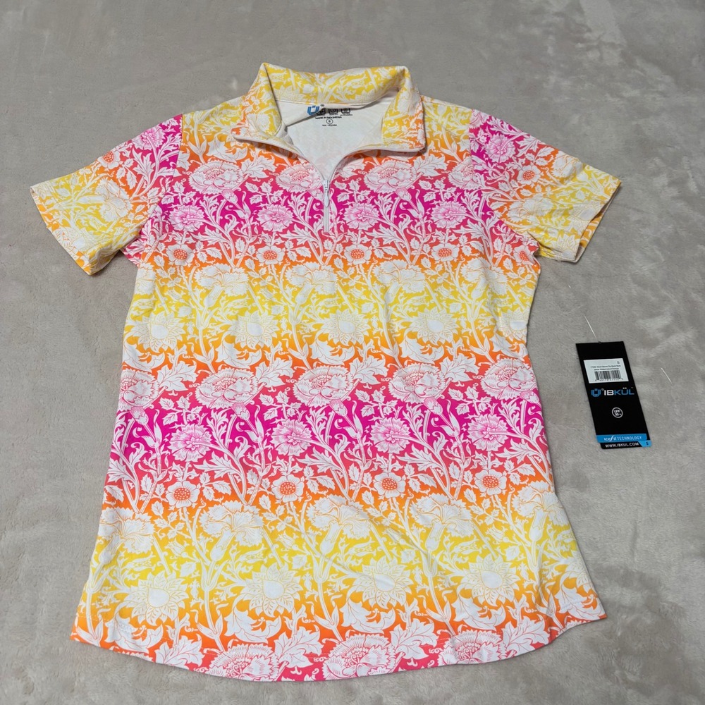 NWT IBKÜL Jesse UV Protection Golf Polo Women Small Pink Floral Zip Mock Neck